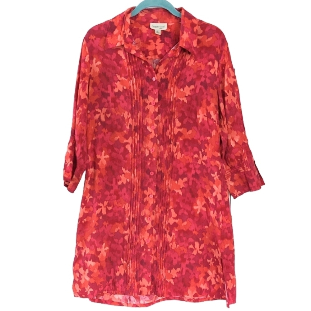 Vintage ikat watercolor pink print Rayon long tunic shirt medium A1